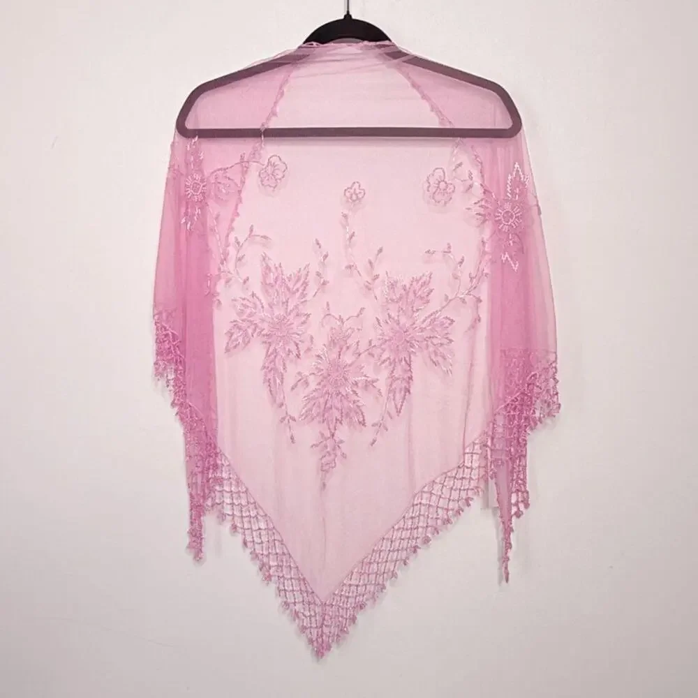 Pink Beaded Mesh Shawl/ Cover Up